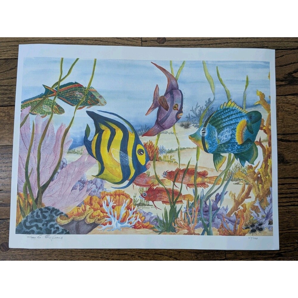 Vintage Tropical Fish Coral Reef Art Print Signed Numbered 69/400 Coastal 22x17